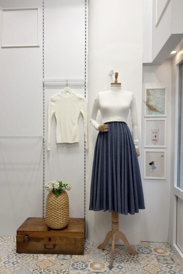 Beli Lastikli İndigo Mavi Melanj Desenli Kloş Etek