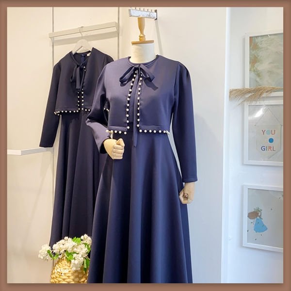 İnci ceketli lacivert scuba elbise