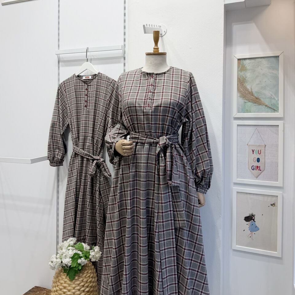 Bordo Çizgili Ekoseli Sweety Elbise