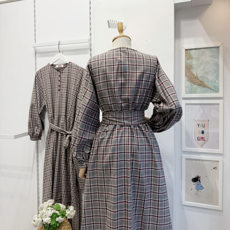 Bordo Çizgili Ekoseli Sweety Elbise