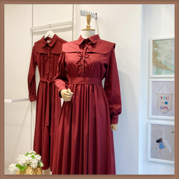 Perhanon Bağcıklı Bordo Poplin Elbise