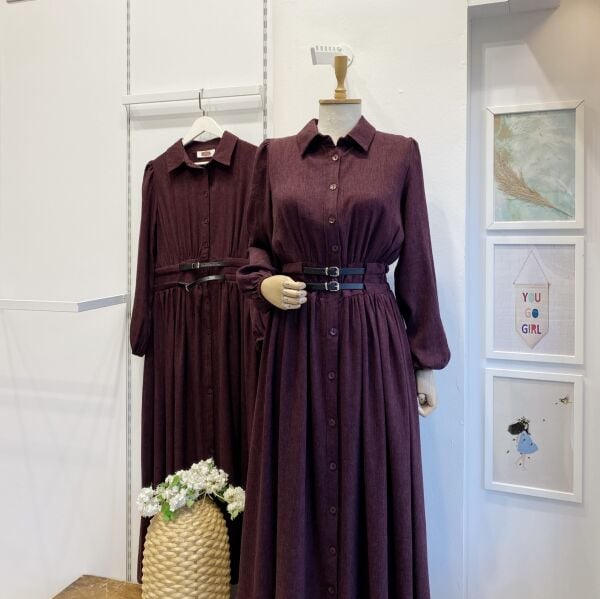 Bordo Çift Kemerli Yün Elbise