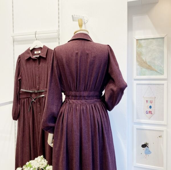 Bordo Çift Kemerli Yün Elbise