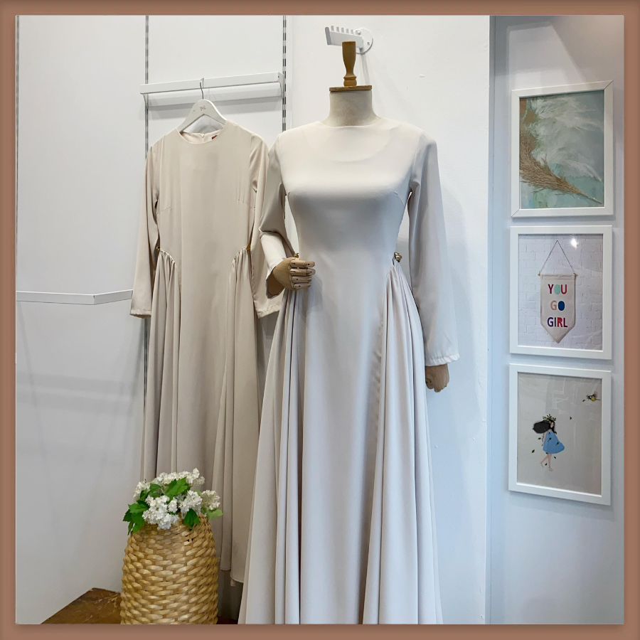 Krem Bel Detaylı Hira Elbise