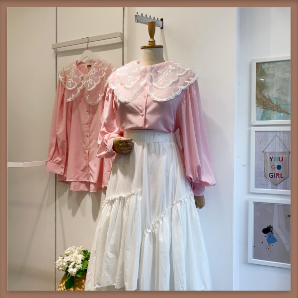 Beyaz Geniş Yakalı Şeker Pembe Tunik
