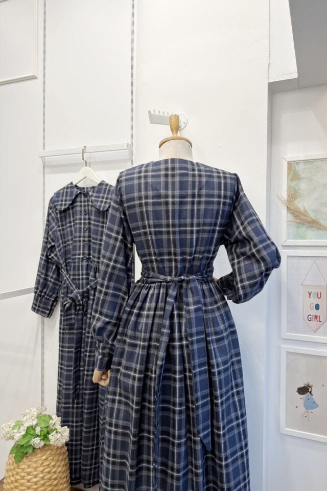 Lacivert Ekoseli Adeline Elbise