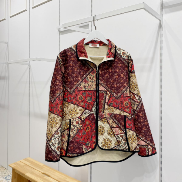 Fermuarlı Kırmızı Patchwork Desenli Kapitone Ceket