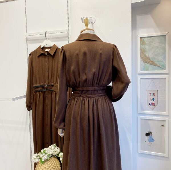 Kahverengi Çift Kemerli Yün Elbise
