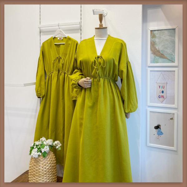 Yağ Yeşili Müslin Kumaş Matin Elbise