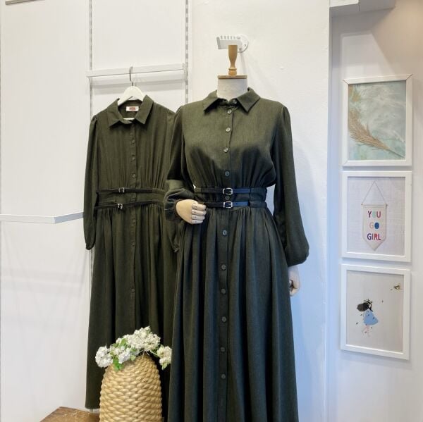 Haki Yeşili Çift Kemerli Yün Elbise