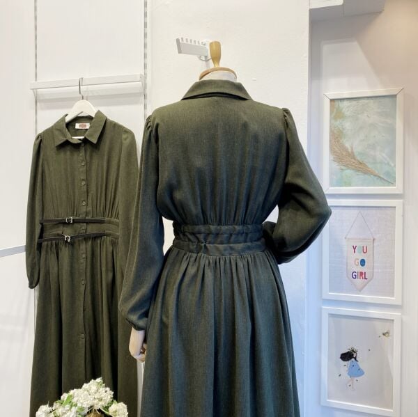 Haki Yeşili Çift Kemerli Yün Elbise