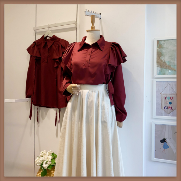 Bordo Omzu Volanlı Poplin Tunik