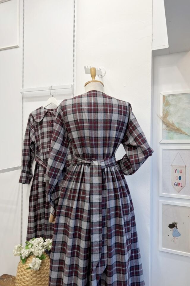 Bordo Ekoseli Adeline Elbise