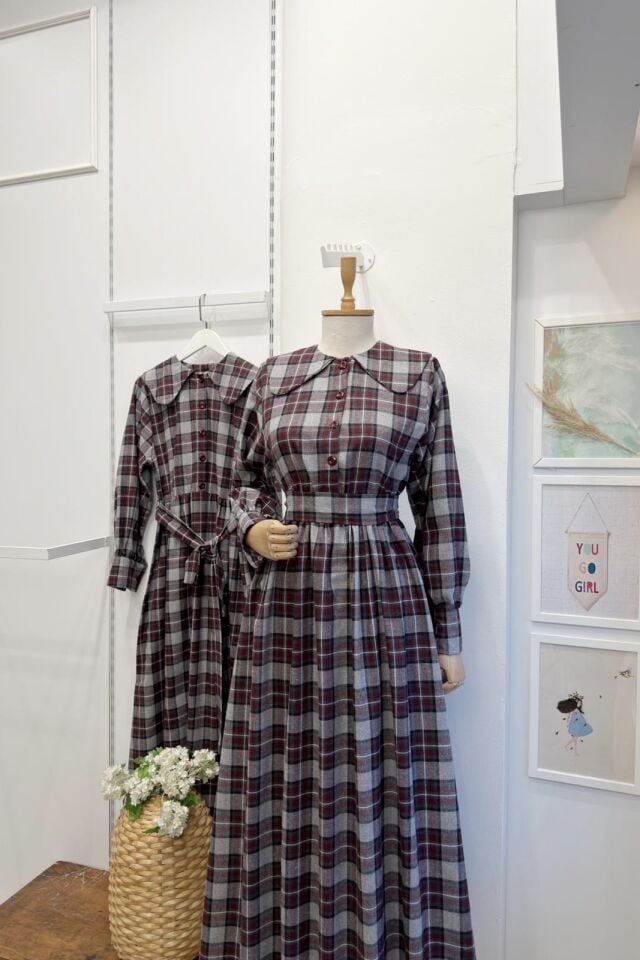 Bordo Ekoseli Adeline Elbise