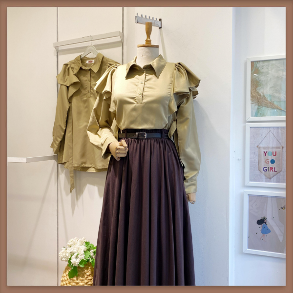 Yeşil Omzu Volanlı Poplin Tunik