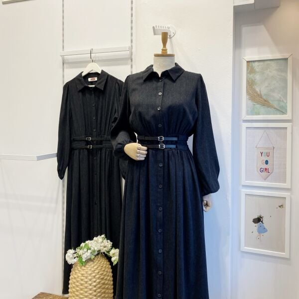 Siyah Çift Kemerli Yün Elbise