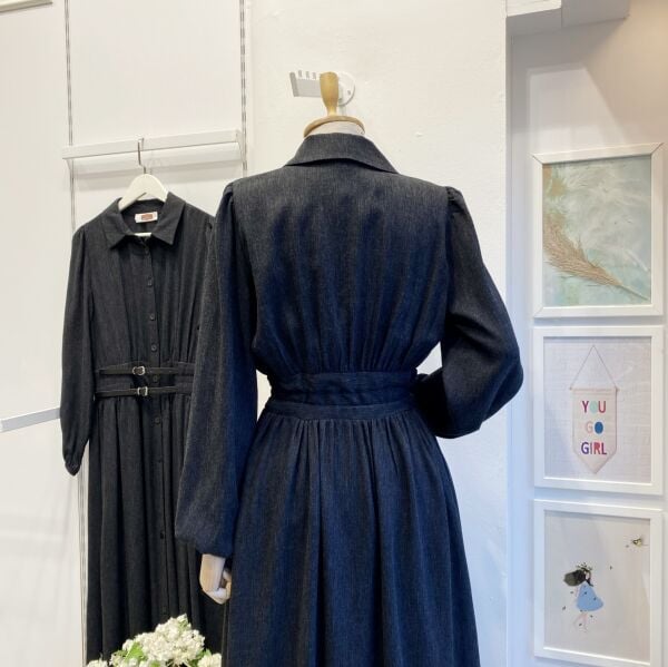 Siyah Çift Kemerli Yün Elbise