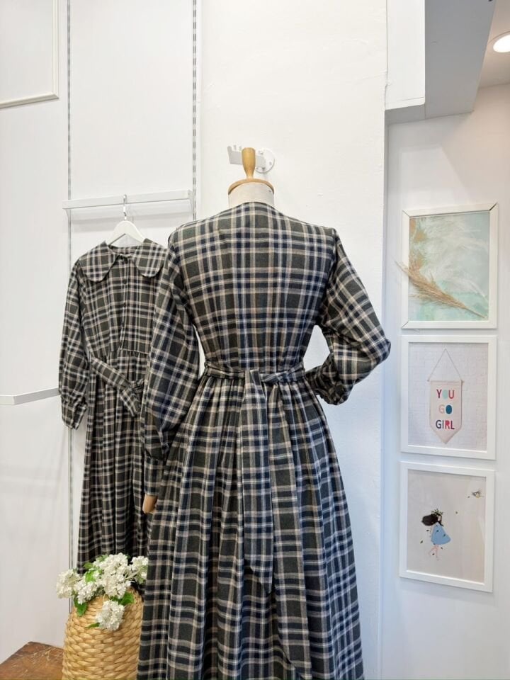 Haki Yeşili Ekoseli Adeline Elbise