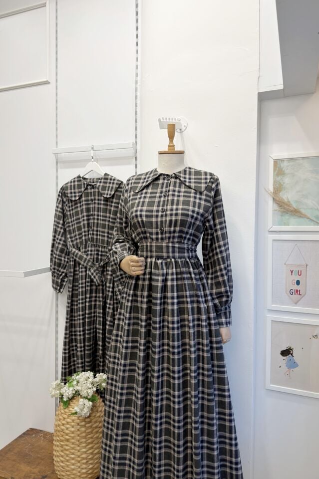 Haki Yeşili Ekoseli Adeline Elbise