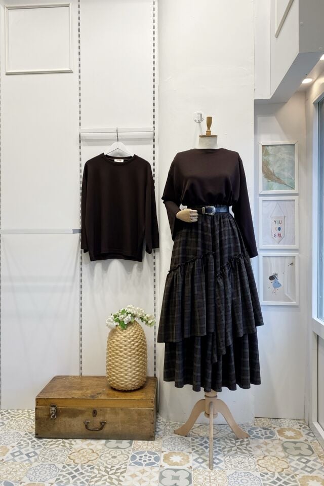 Acı Kahve Ekose Desenli Ajouter Etek