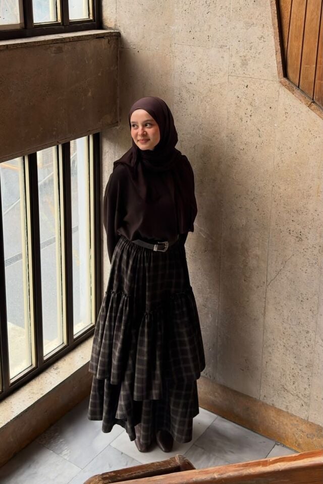 Acı Kahve Ekose Desenli Ajouter Etek