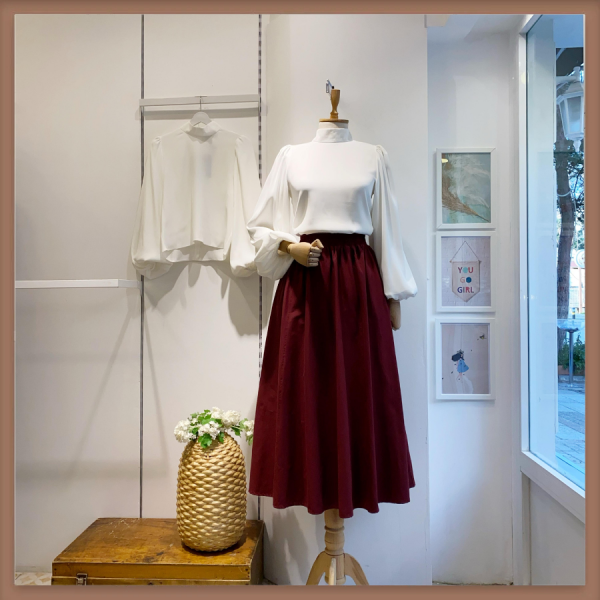 Bordo Beli Lastikli Poplin Etek