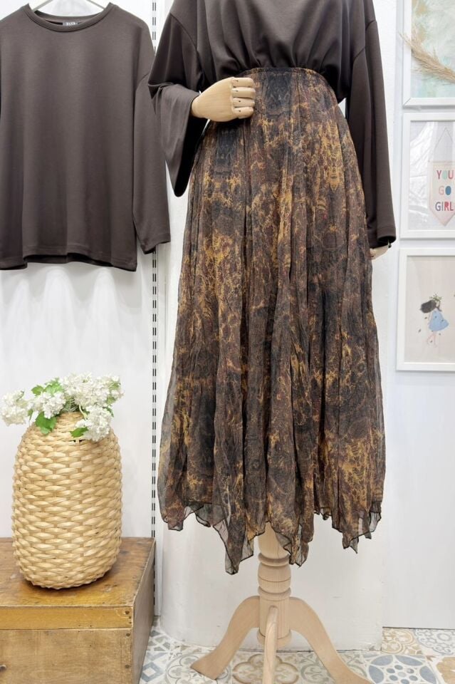 Kahverengi Alaca Desenli Asimetrik Şifon Etek