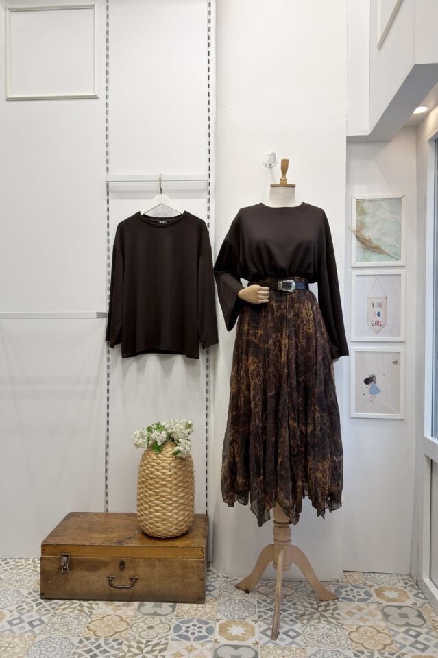 Kahverengi Alaca Desenli Asimetrik Şifon Etek