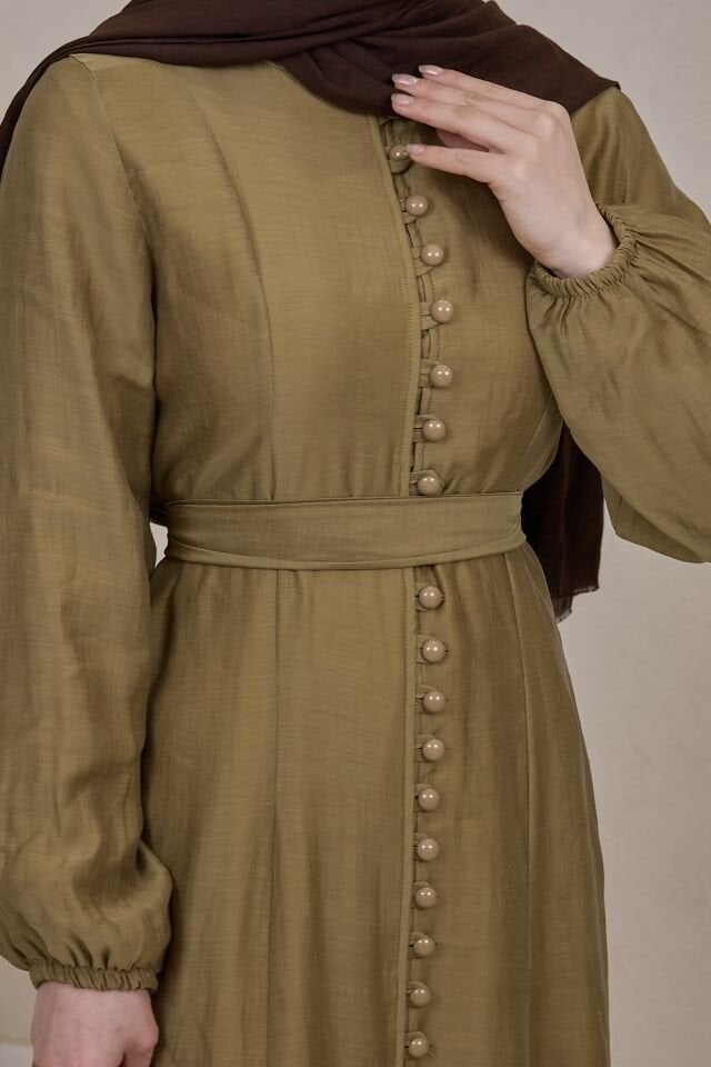 Önü Düğmeli Yeşil Tensel Elbise