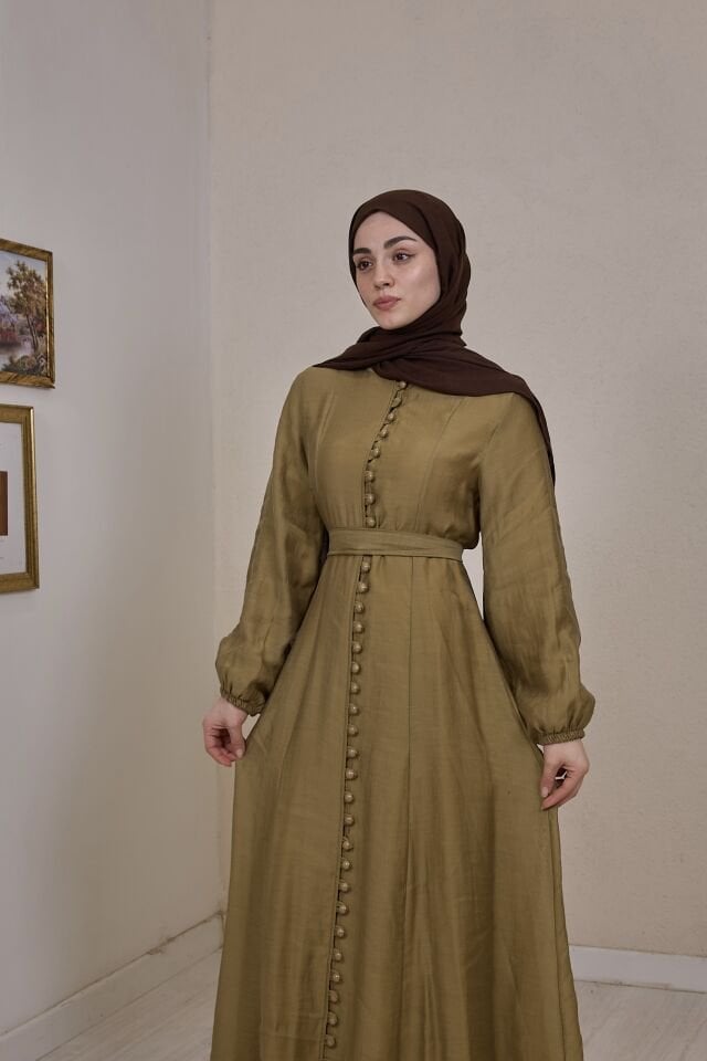 Önü Düğmeli Yeşil Tensel Elbise