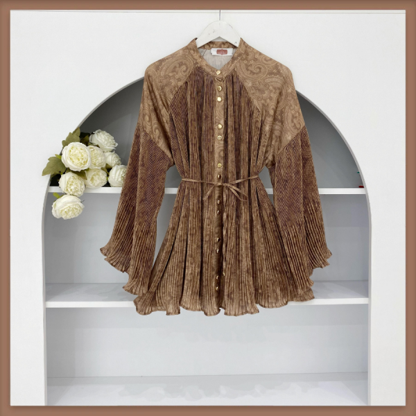 Şal Desenli Camel Piliseli Tunik