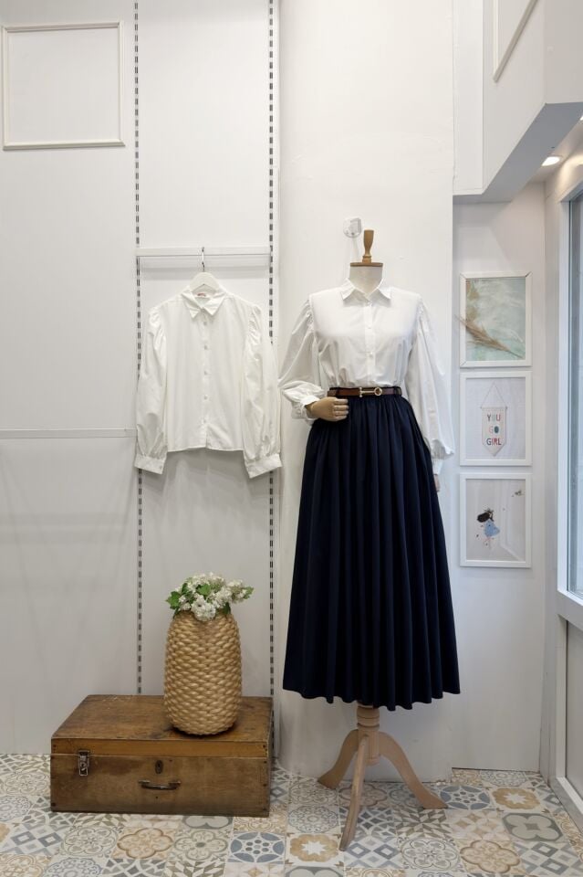 Beyaz Balon Kol Basic Poplin Gömlek