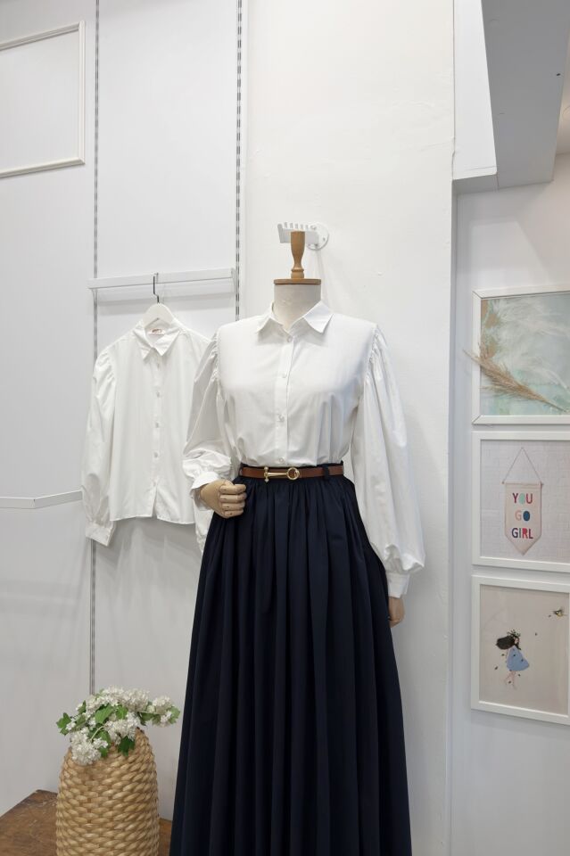 Beyaz Balon Kol Basic Poplin Gömlek