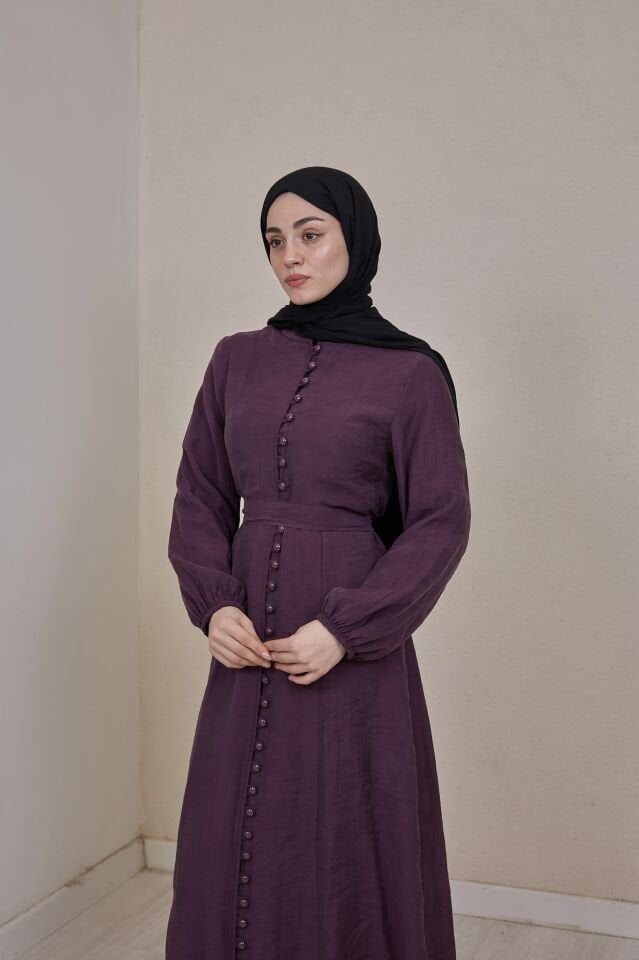 Önü Düğmeli Mürdüm Tensel Elbise