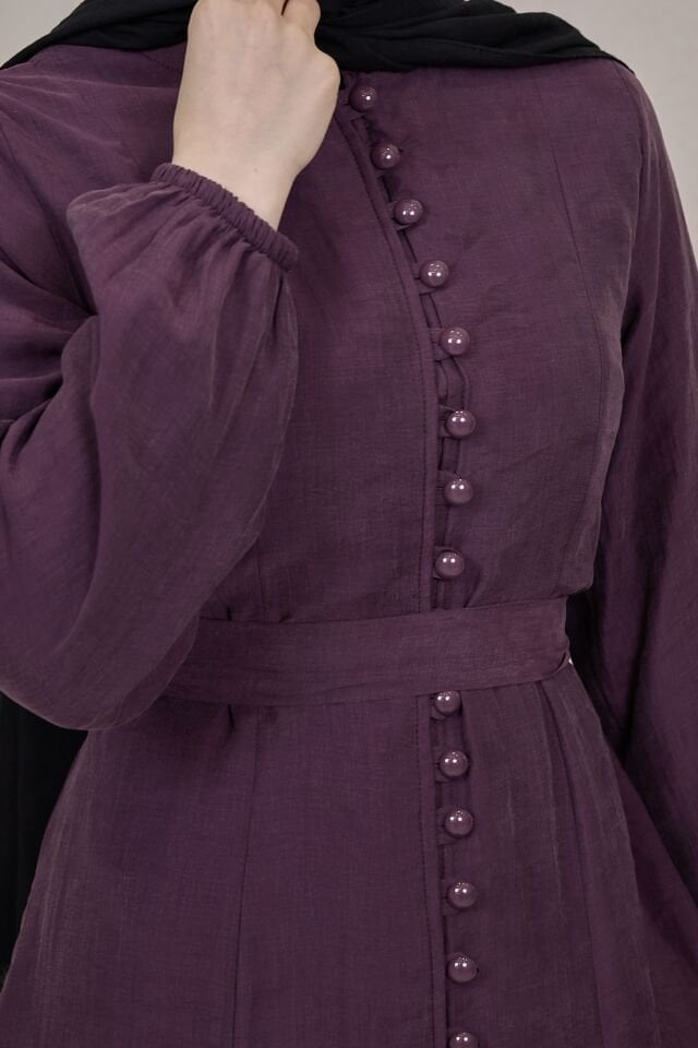 Önü Düğmeli Mürdüm Tensel Elbise