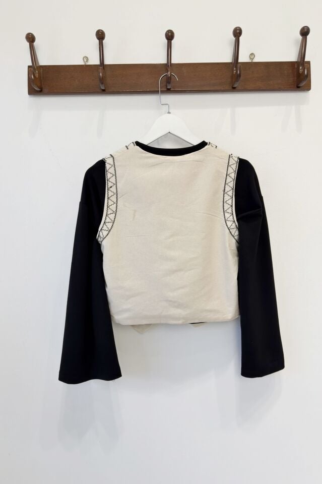 Krem Çiçek Nakışlı Keten Yelek