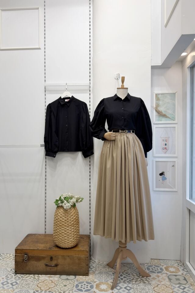 Siyah Balon Kol Basic Poplin Gömlek