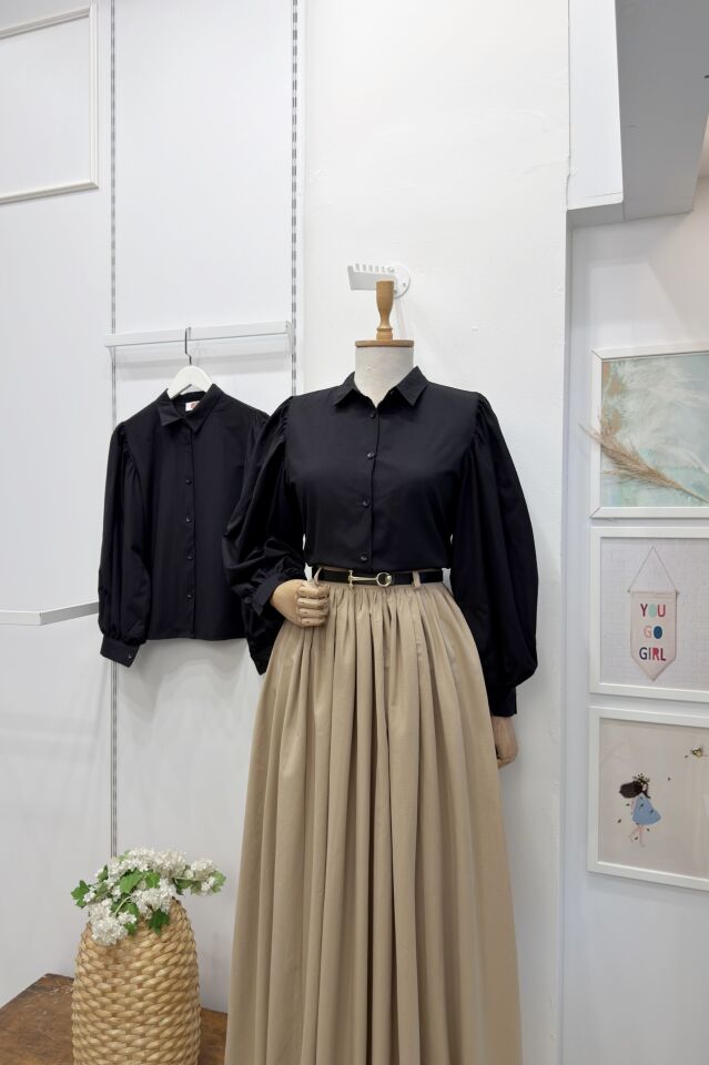 Siyah Balon Kol Basic Poplin Gömlek