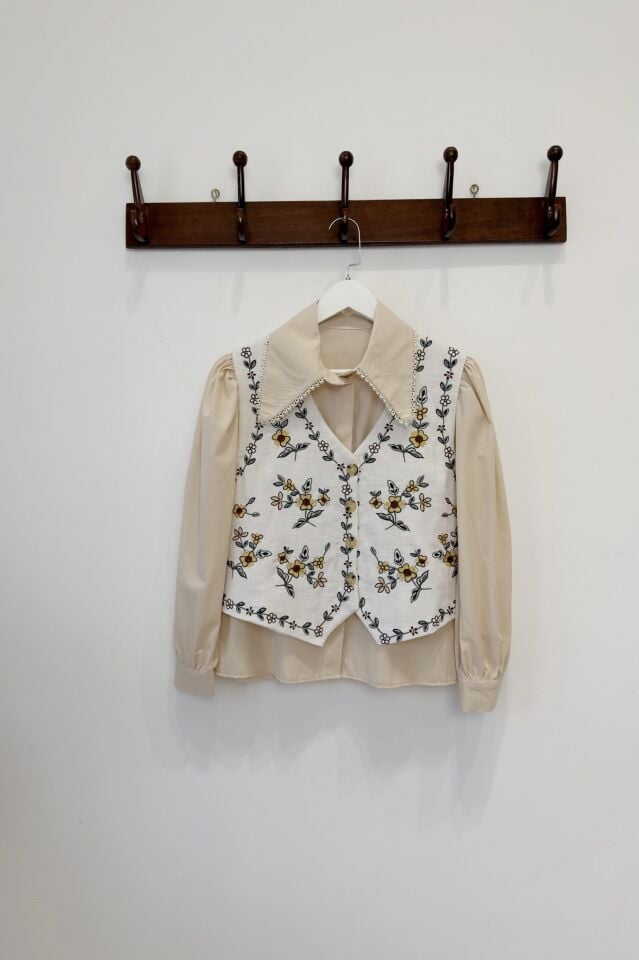 PAPATYA Nakışlı Keten Yelek