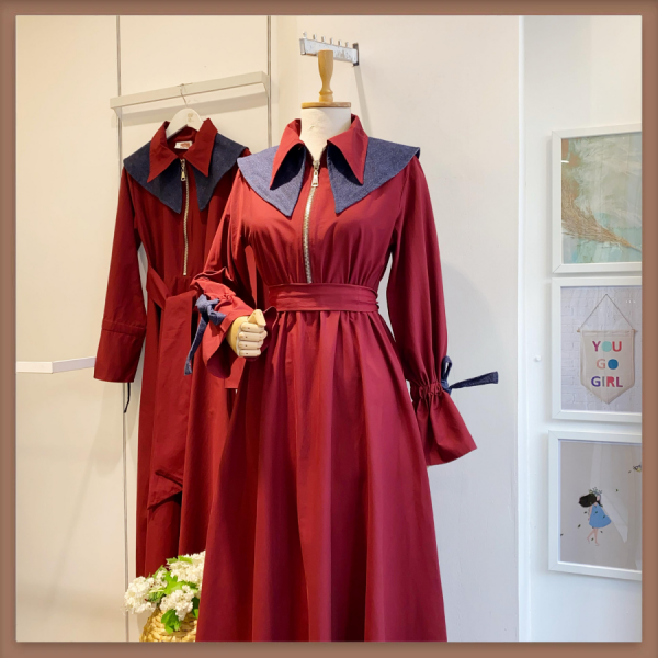 Bordo Kot Yakalı Poplin Elbise