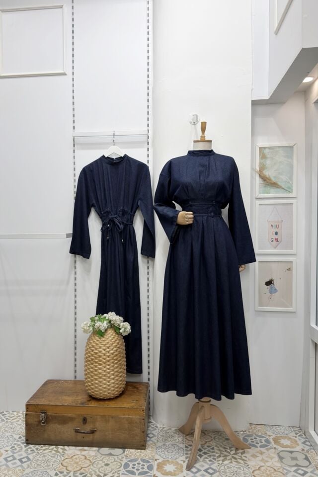 Koyu Renk Kot Kumaş Bel Detaylı Alize Elbise