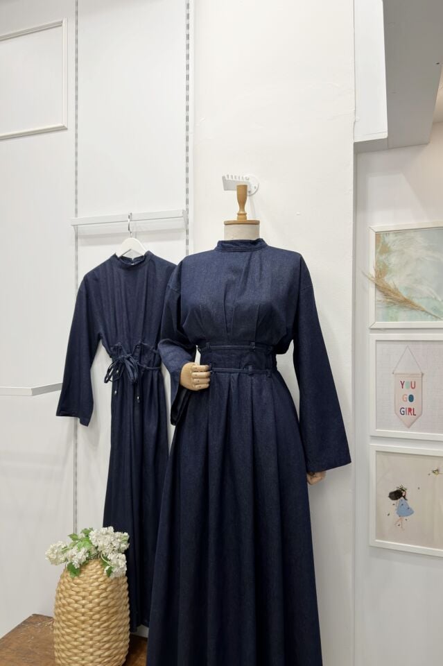 Koyu Renk Kot Kumaş Bel Detaylı Alize Elbise