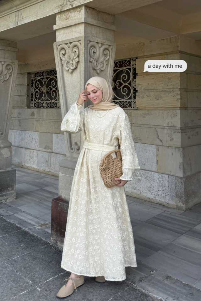 Faya Girls x Krem Nakışlı Brode Klena Elbise