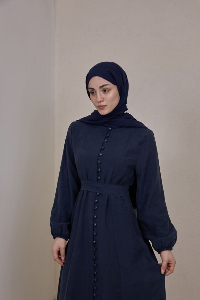 Önü Düğmeli Lacivert Tensel Elbise