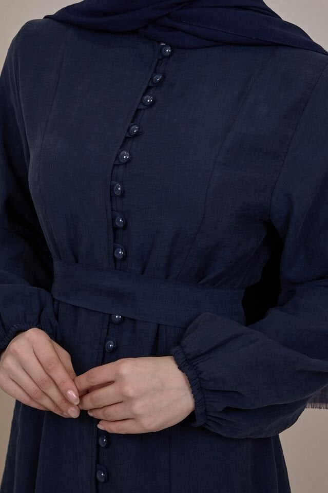 Önü Düğmeli Lacivert Tensel Elbise