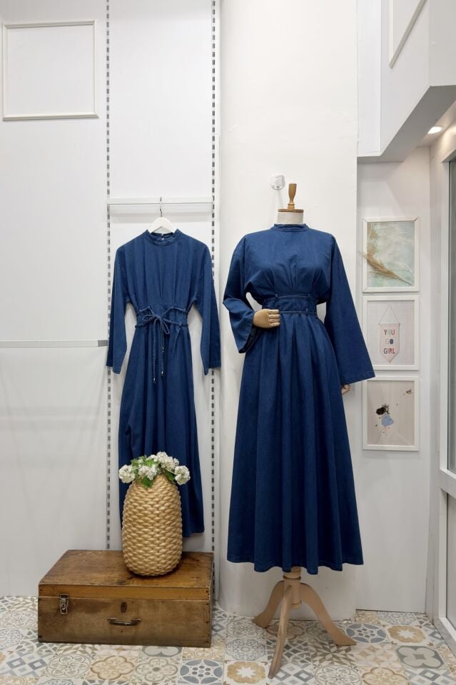 Açık Renk Kot Kumaş Bel Detaylı Alize Elbise