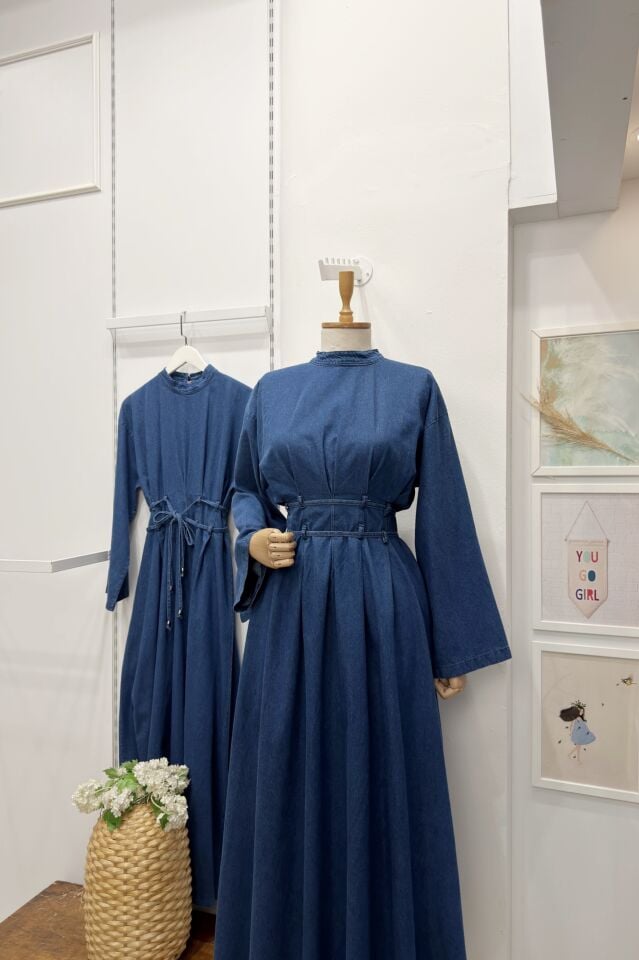 Açık Renk Kot Kumaş Bel Detaylı Alize Elbise