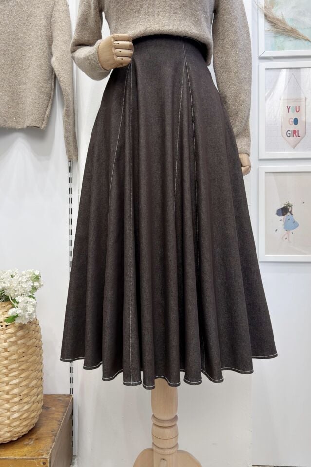 Acı Kahve Likralı Kot Kumaş Langley Etek