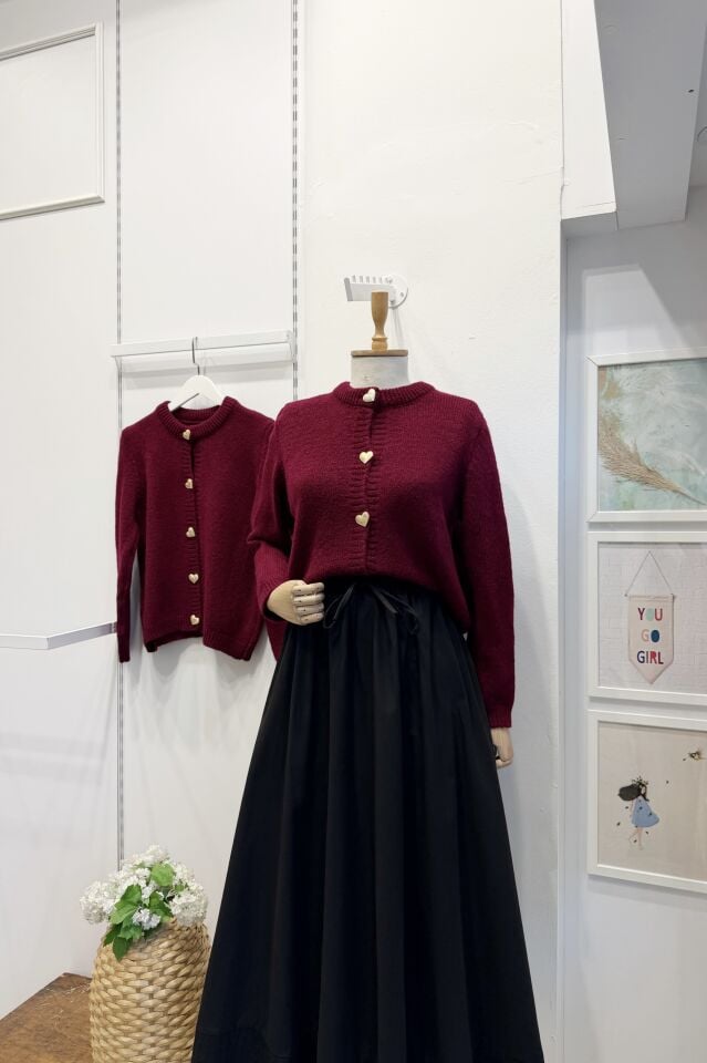 Bordo Kalp Düğmeli Hırka