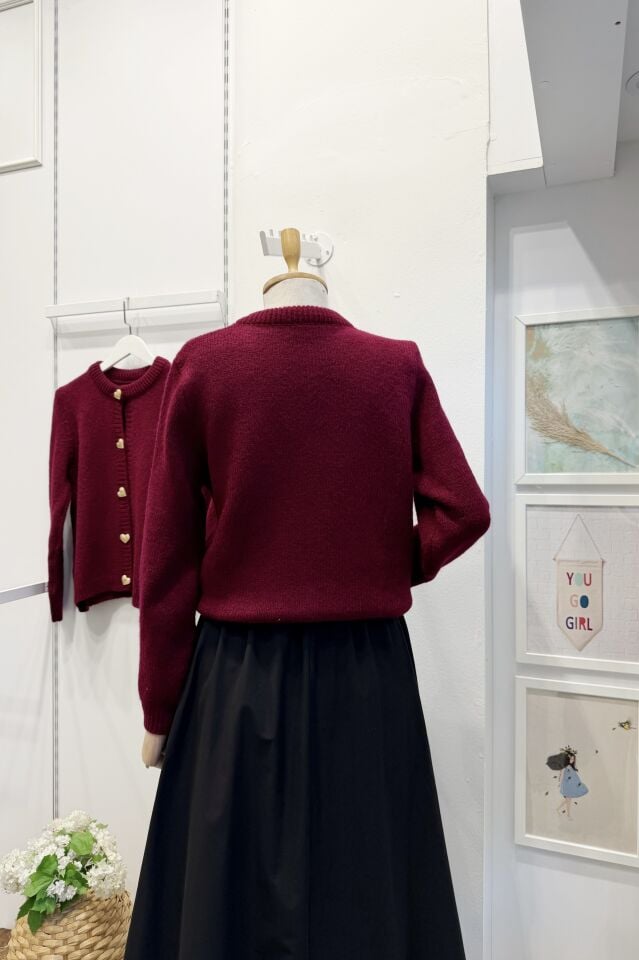 Bordo Kalp Düğmeli Hırka